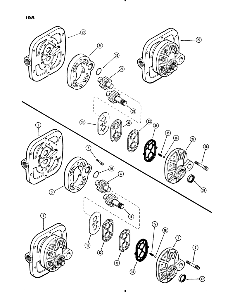 Схема запчастей Case IH 730 SERIES - (198) - HYDRAULIC PUMP, 10 BOLT PUMP, 1ST USED TRAC. S/N 8281783, 8 BOLT PUMP, USED PRIOR TO S/N 8281783 (08) - HYDRAULICS