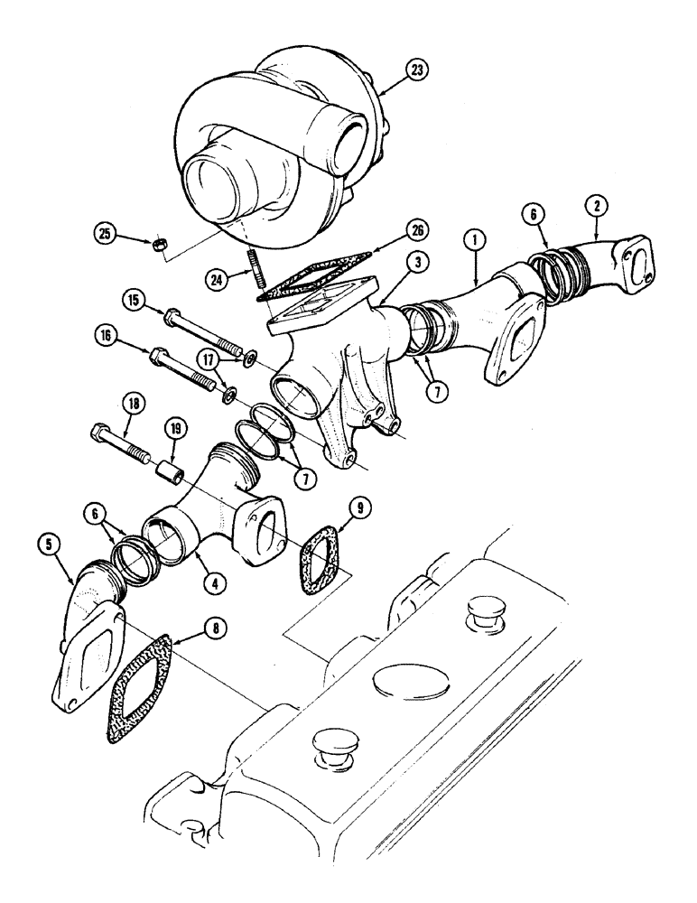 Схема запчастей Case IH 4890 - (2-16) - EXHAUST MANIFOLD, 674 CUBIC INCH DIESEL ENGINE (02) - ENGINE