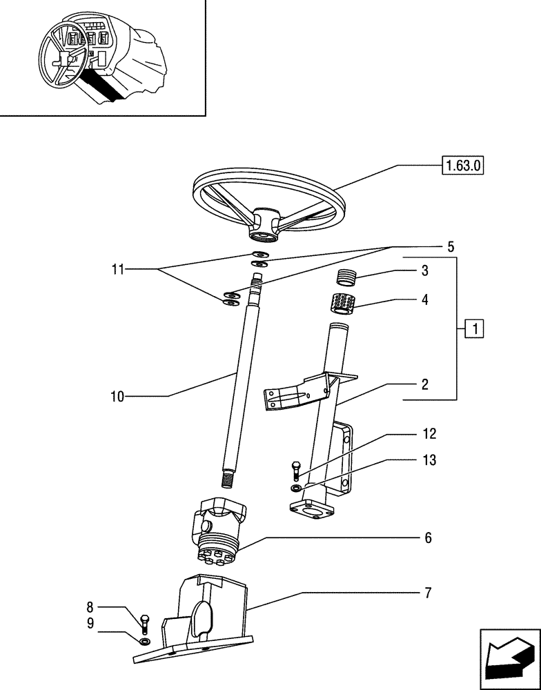 Схема запчастей Case IH JX85 - (1.63.1/02) - POWER STEERING - SPRAG, SPACER AND SHAFT - FOR STRADDLE VERSION (04) - FRONT AXLE & STEERING