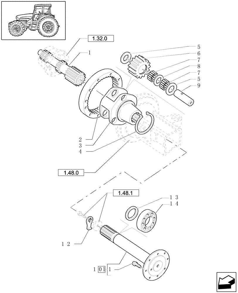 Схема запчастей Case IH JX1090U - (1.48.1/02[01]) - (VAR.451) STIFFENED SIDE REDUCTION UNITS - REDUCTION GEAR HALF SHAFT (05) - REAR AXLE