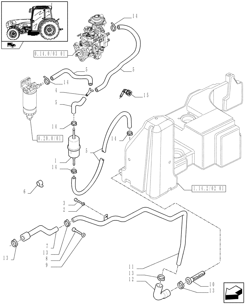 Схема запчастей Case IH FARMALL 95N - (1.14.2/02[03]) - FUEL LINES - D6808 (02) - ENGINE EQUIPMENT