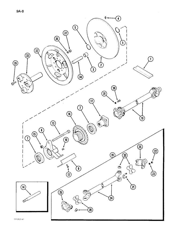 Схема запчастей Case IH 1640 - (9A-08) - SEPARATOR JACKSHAFT DRIVE, WITHOUT STRAW CHOPPER (13) - FEEDER