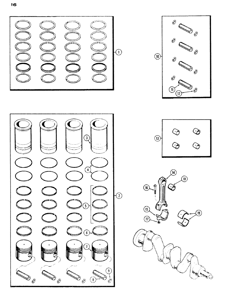 Схема запчастей Case IH 430 - (016) - PISTON ASSEMBLY AND CONNECTING RODS, 430, 148B, SPARK IGNITION ENGINE (02) - ENGINE