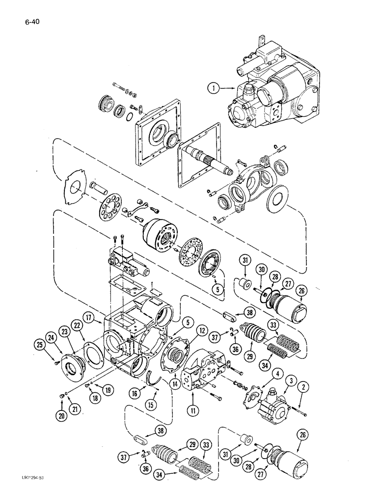 Схема запчастей Case IH 1680 - (6-040) - HYDROSTATIC PUMP ASSEMBLY, W/ SINGLE SPEED MOTOR, RICE COMBINE, P.I.N. JJC0047918 & AFTER (03) - POWER TRAIN