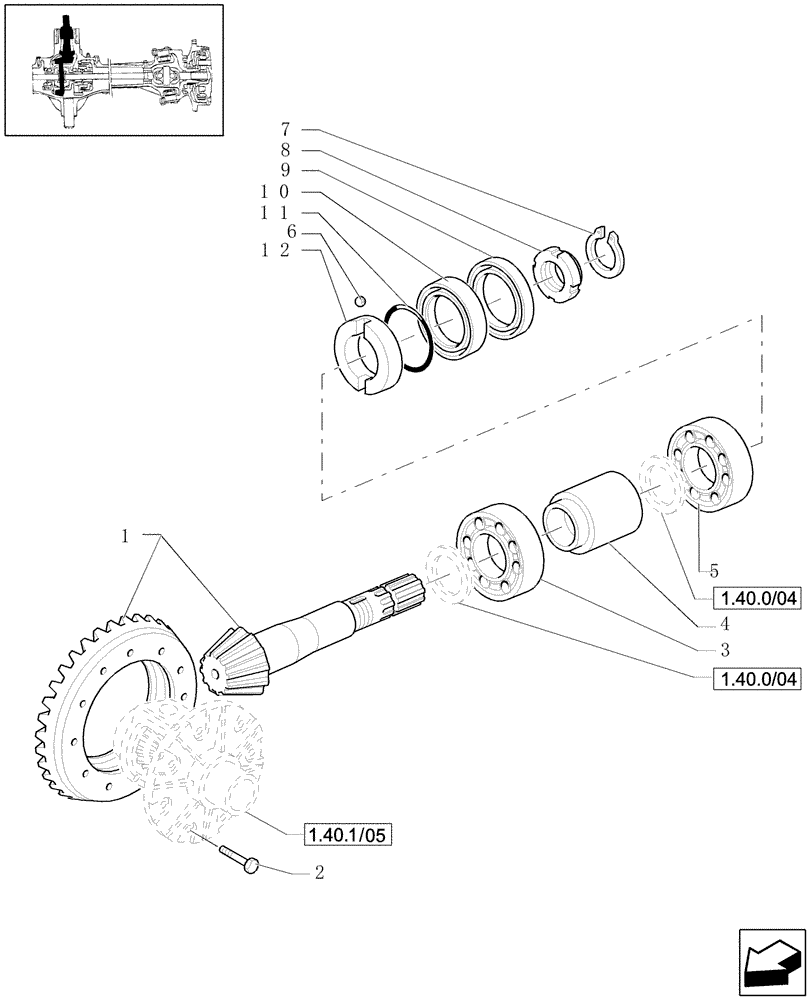 Схема запчастей Case IH JX1080U - (1.40. 1/04) - (VAR.039) STANDARD - FRONT AXLE - BEVEL GEAR PINION SET - 4 WD (04) - FRONT AXLE & STEERING