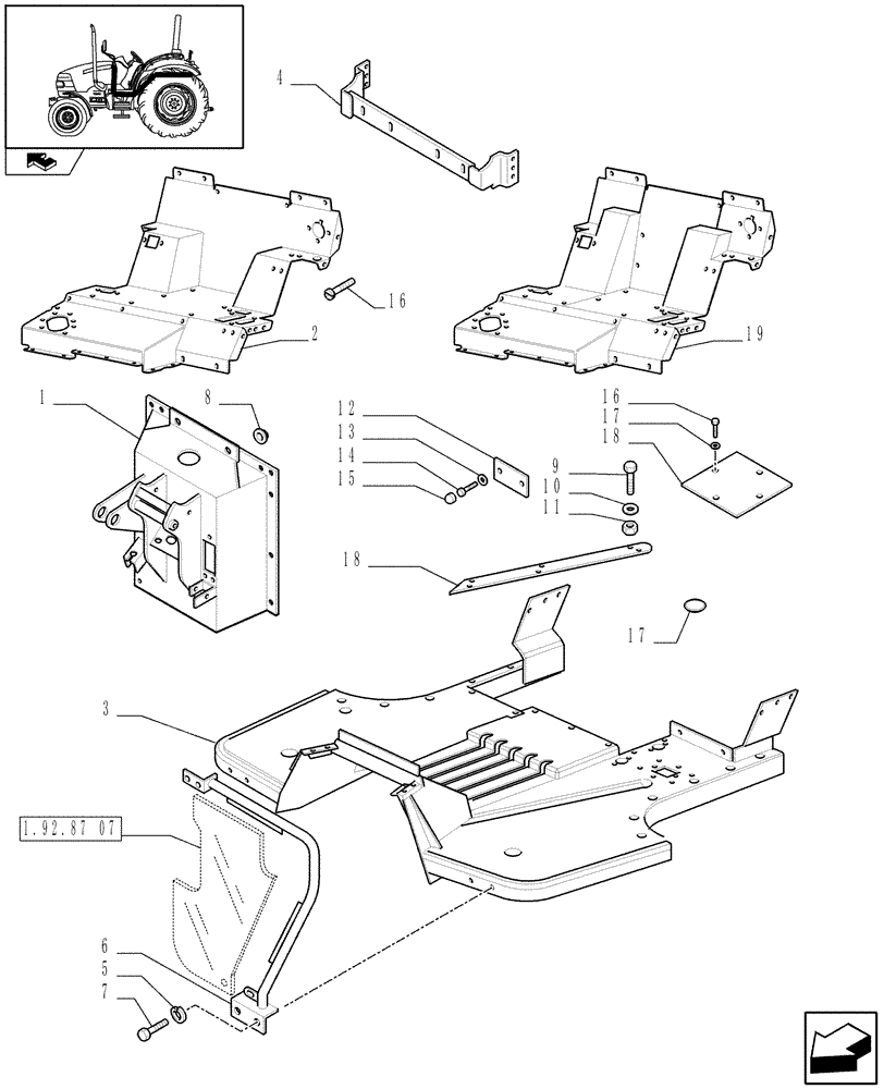 Схема запчастей Case IH FARMALL 60 - (1.92.87[04A]) - MUDGUARDS AND FOOTBOARDS - L/CAB - D6752 (10) - OPERATORS PLATFORM/CAB