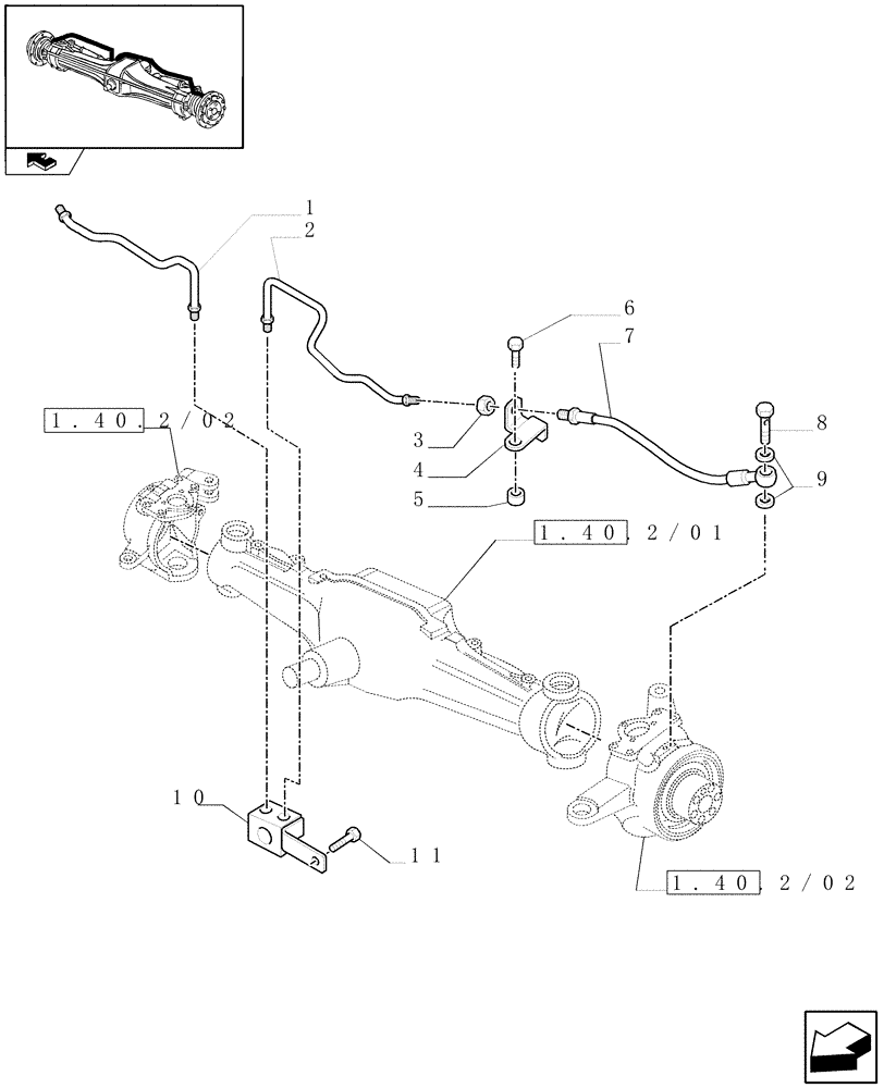 Схема запчастей Case IH MAXXUM 130 - (1.40.2/14[02]) - (CL.3) SUSPENDED FRONT AXLE WITH HYDR. DIFFER. LOCK, STEERING SENSOR AND BRAKES - BRAKES PIPES (VAR.330427) (04) - FRONT AXLE & STEERING