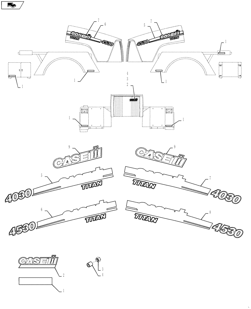 Схема запчастей Case IH TITAN 4530 - (90.108.01) - MODEL DECALS (90) - PLATFORM, CAB, BODYWORK AND DECALS