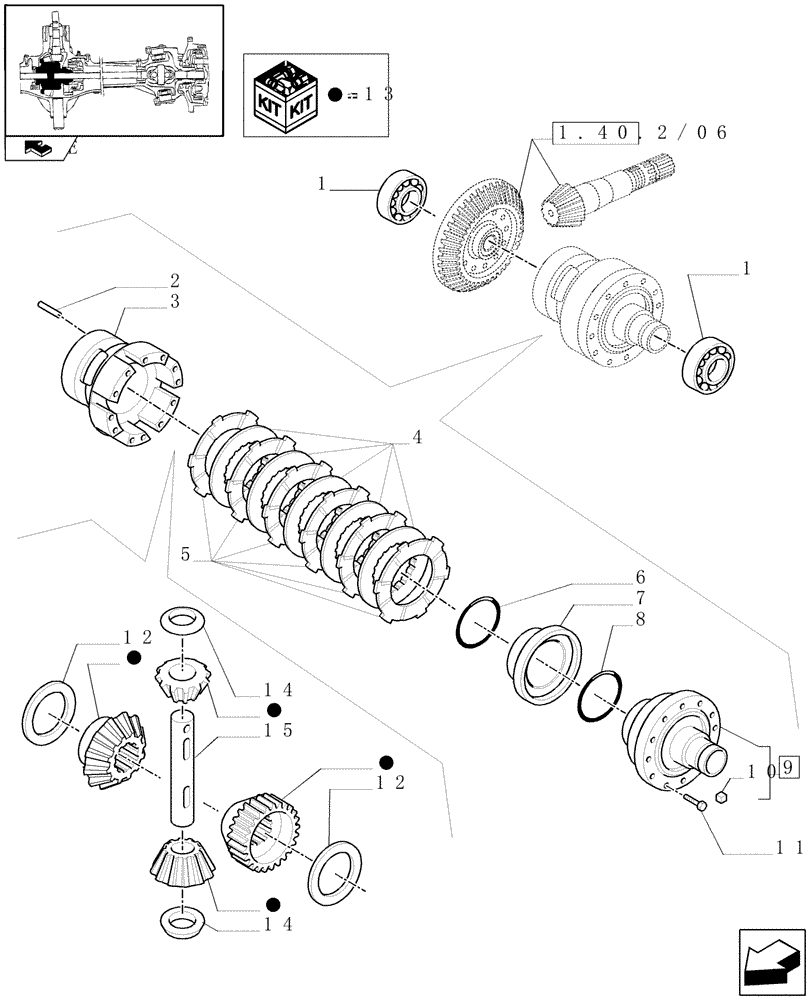 Схема запчастей Case IH PUMA 125 - (1.40. 2/07[01]) - (CL.4) FRONT AXLE W/MULTI-PLATE DIFF. LOCK AND STEERING SENSOR - DIFFERENTIAL (VAR.330408) (04) - FRONT AXLE & STEERING