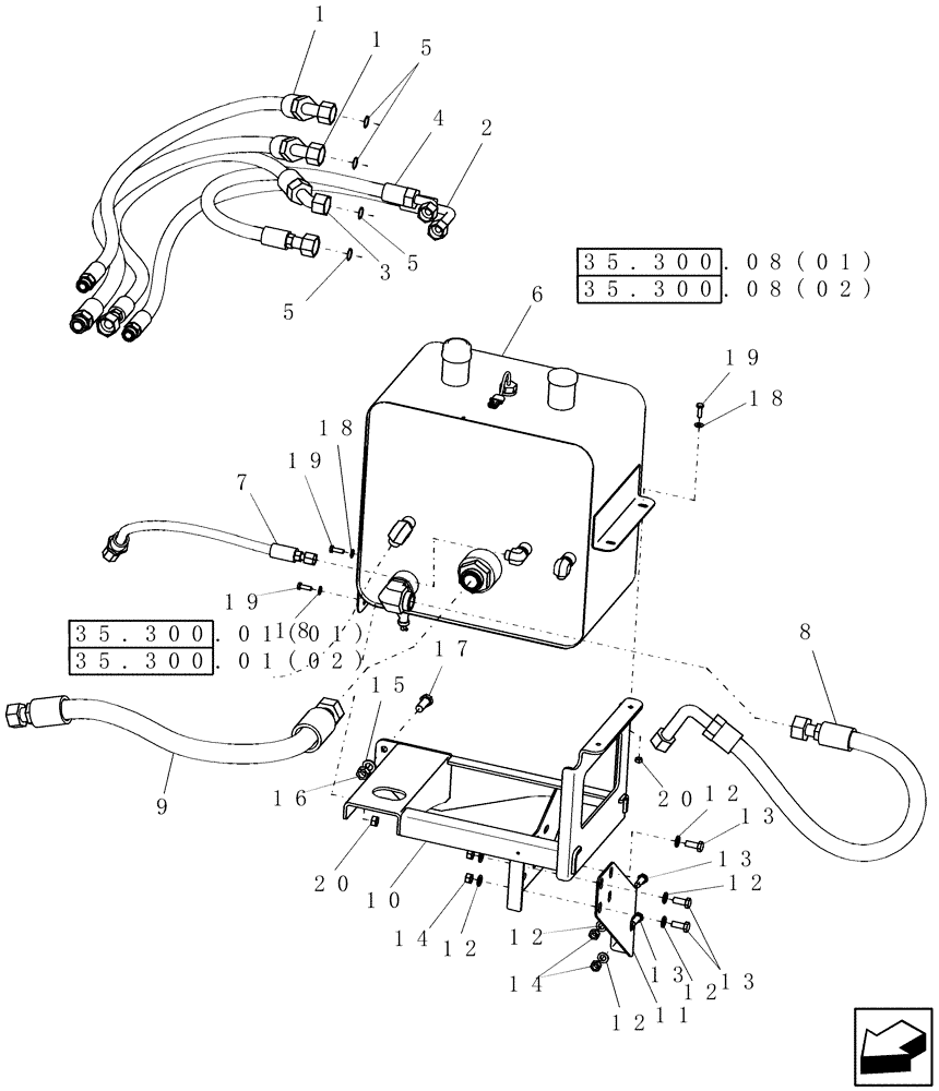 Схема запчастей Case IH 7010 - (35.300.09[02]) - RESERVOIR, HYDRAULIC, WITH HOSES AND SUPPORTS - 8010 (35) - HYDRAULIC SYSTEMS