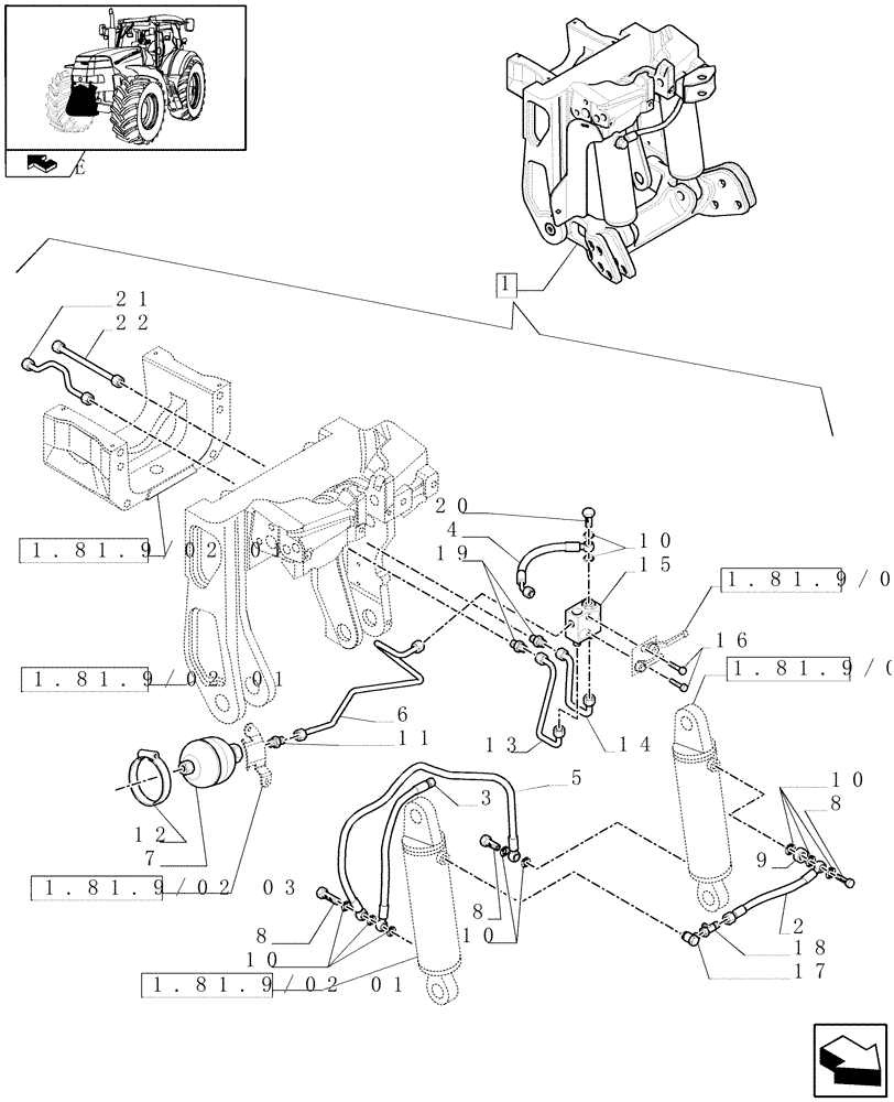 Схема запчастей Case IH PUMA 225 - (1.81.9/02[02]) - (VAR.090) FRONT HPL FOR MID MOUNT REMOTES LESS PTO, WITH AUX. COUPLERS - PIPES - C6726 (07) - HYDRAULIC SYSTEM