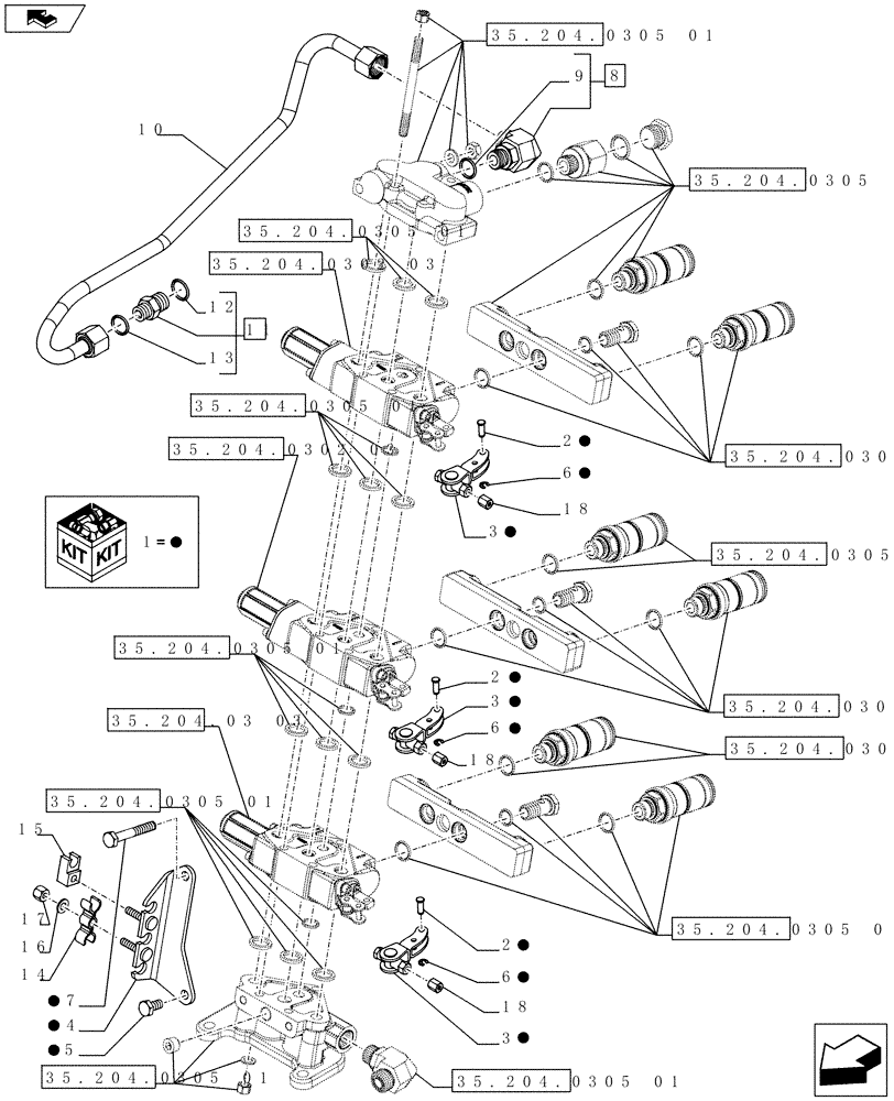 Схема запчастей Case IH FARMALL 65C - (35.204.0305[02]) - 3 REAR CONTROL VALVES WITH 6 DELUXE COUPLERS - SUPPORTS AND PIPES - ISO (VAR.334195) - END YR 09-MAY-2016 (35) - HYDRAULIC SYSTEMS