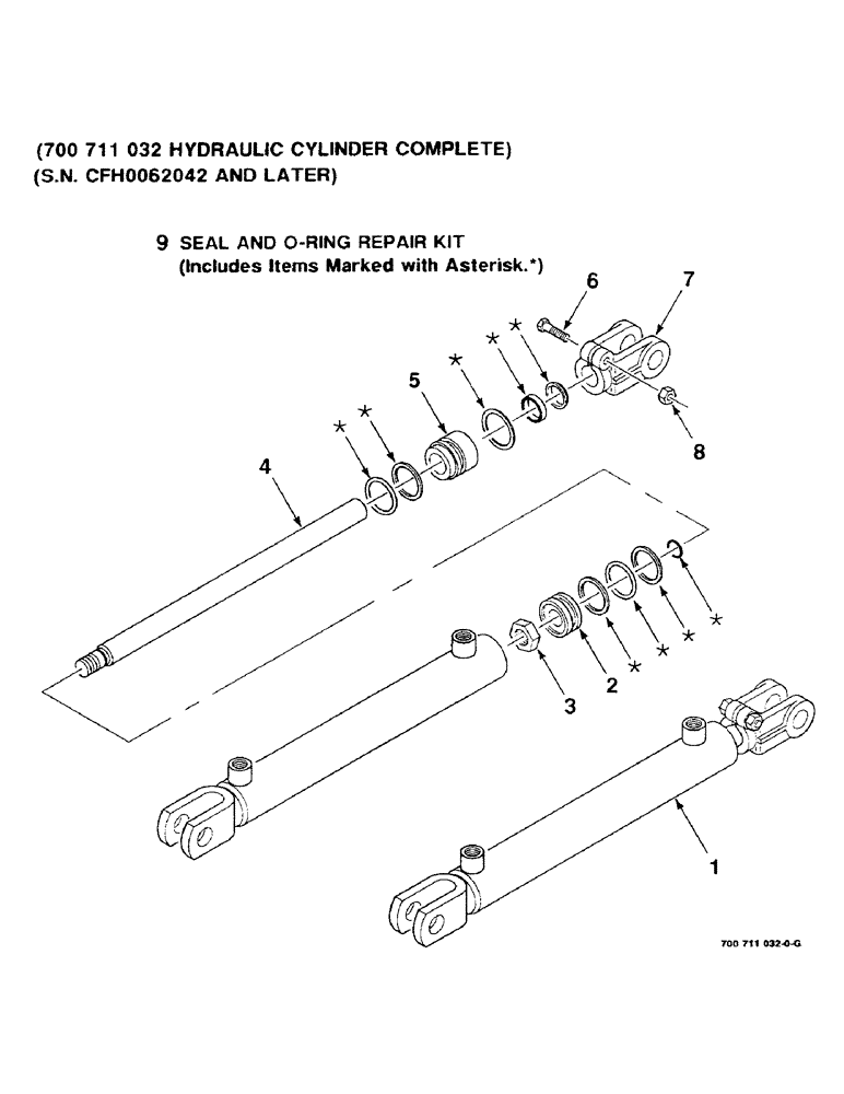 Схема запчастей Case IH 8520 - (9-52) - BALE THROWER HYD CYLINDER ASSY, (700711032 HYDRAULIC CYLINDER COMPLETE) (S.N. CFH0062042 & LATER) Decals & Attachments