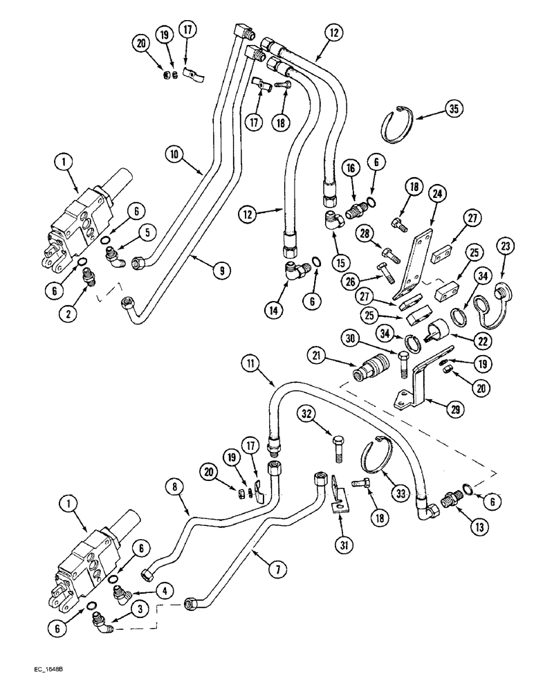 Схема запчастей Case IH 4240 - (8-28) - REMOTE AUXILIARY VALVES, 1ST AND 2ND BANK TUBES AND COUPLINGS, WITHOUT CAB (08) - HYDRAULICS