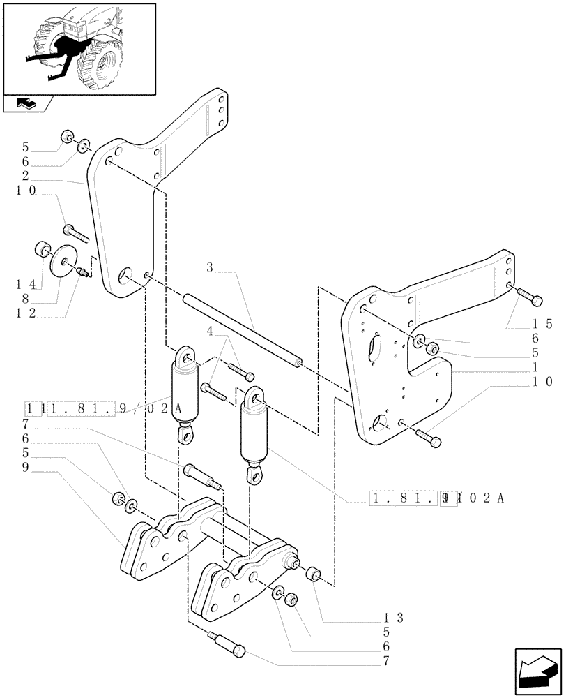 Схема запчастей Case IH PUMA 125 - (1.81.9/02[01]) - NOT INTEGRATED FRONT HPL WITH 6 SPLINES PTO - SUPPORTS, SUSPENSION ARMS AND CYLINDERS - C6335 (VAR.330813) (07) - HYDRAULIC SYSTEM