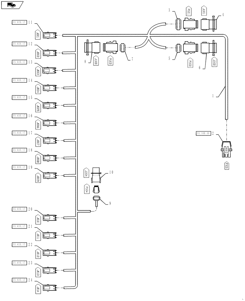 Схема запчастей Case IH 4430 - (55.100.42) - AIM COMMAND HARNESS, 7 SECTION, 120 BOOM, INNER SECTION, 14 NOZZLES (55) - ELECTRICAL SYSTEMS