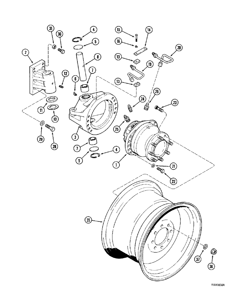 Схема запчастей Case IH 1680 - (5-64) - WHEEL MOTOR AND KING PIN, POWER GUIDE AXLE, P.I.N. JJC0044001 AND AFTER (04) - STEERING