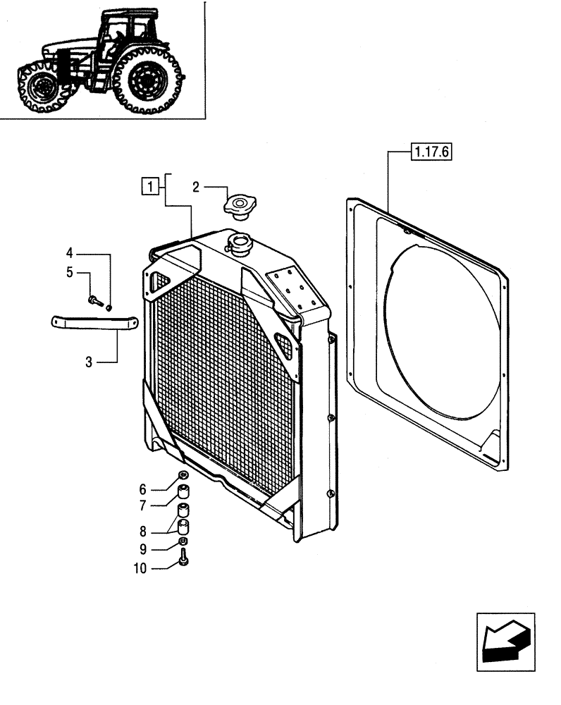 Схема запчастей Case IH JX55 - (1.17.0[01]) - RADIATOR - CAP AND BRACKET (02) - ENGINE EQUIPMENT