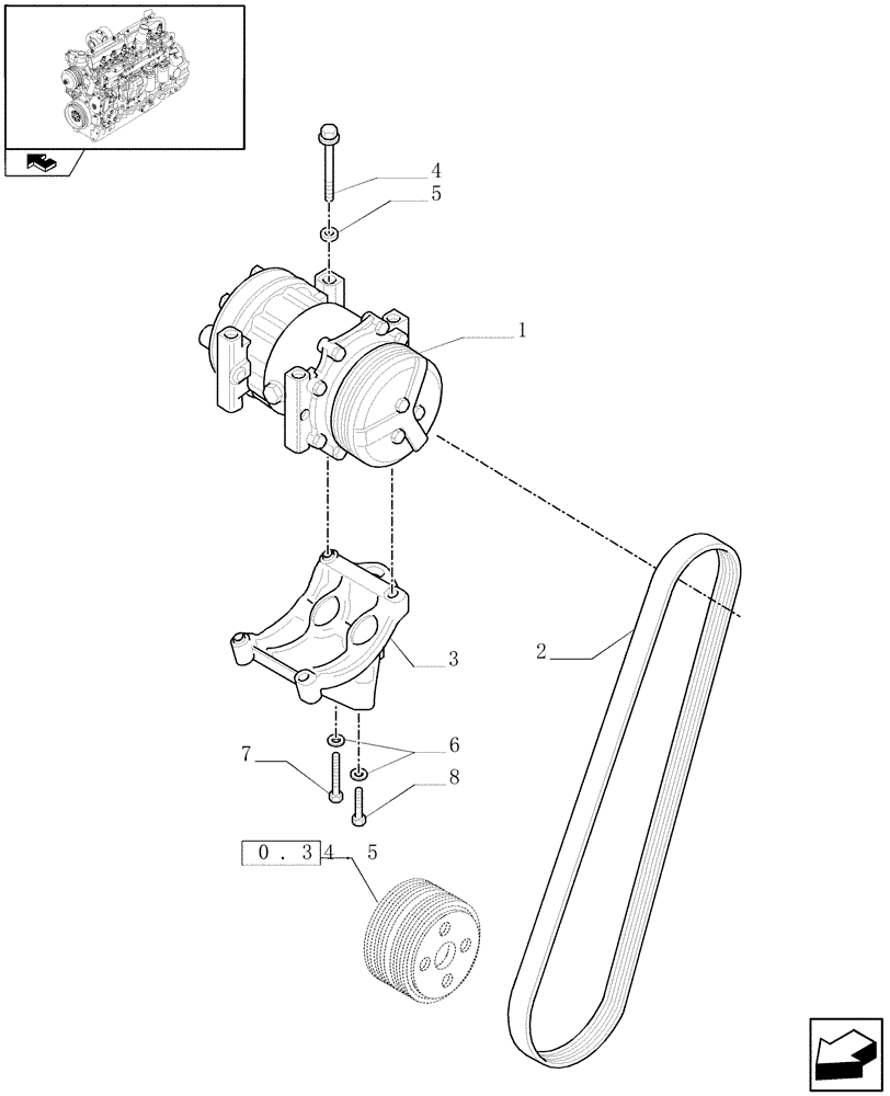 Схема запчастей Case IH FARMALL 85C - (0.88.0/01[01]) - AIR CONDITIONING WITH FAST FAN FOR FRONT HPL - BELTS AND COMPRESSOR (VAR.332638-333638) (01) - ENGINE