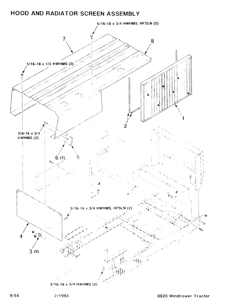 Схема запчастей Case IH 8820 - (9-54) - HOOD AND RADIATOR SCREEN ASSEMBLY (09) - CHASSIS/ATTACHMENTS