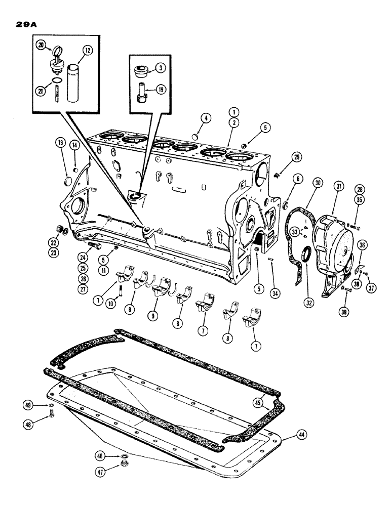 Схема запчастей Case IH 1200 - (029) - CYLINDER BLOCK ASSEMBLY, W/CAMSHAFT DRIVE OIL PUMP, USED PRIOR ENG. S/N 2174160, (451) DIESEL ENGINE (02) - ENGINE