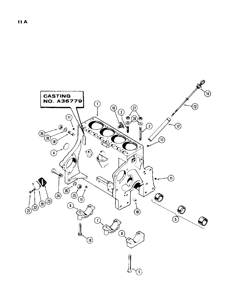 Схема запчастей Case IH 430 - (011A) - CYL. BLOCK ASSY., 430 SERIES, 148 B SPARK IGN. ENG., CASTING NO. A36779, W/ BRACKET MNTD OIL FILTER (02) - ENGINE