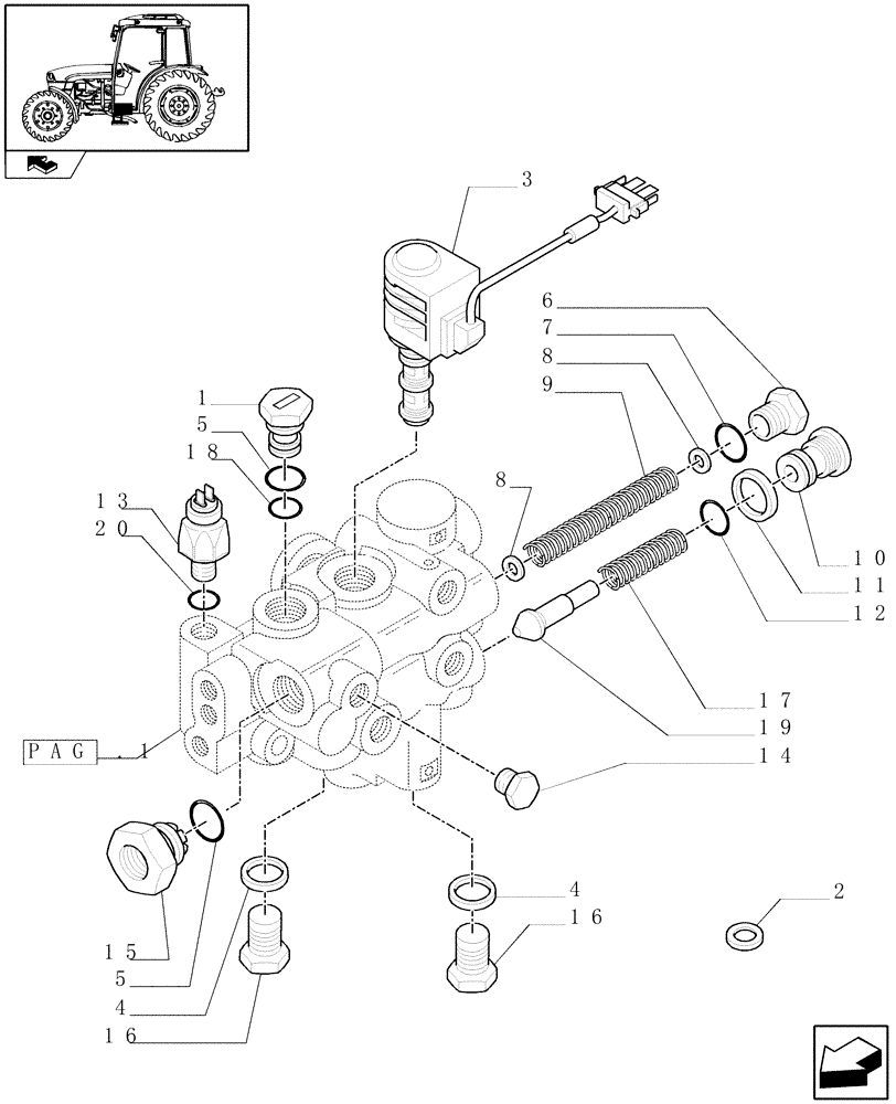 Схема запчастей Case IH FARMALL 85C - (1.33.1/05[02]) - REAR MECH. DIFF. LOCK FOR HYDRAULIC TRANSMISSION - SOLENOID VALVE (VAR.334381-335381) (04) - FRONT AXLE & STEERING