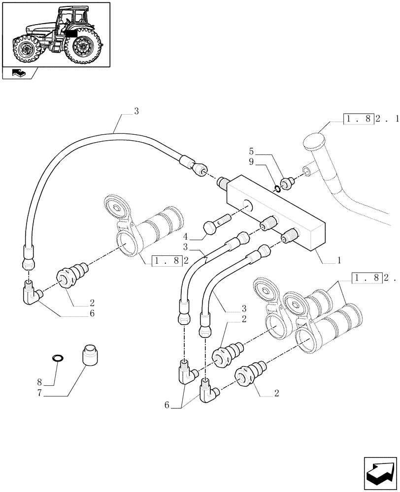 Схема запчастей Case IH FARMALL 85U - (1.82.1/05) - GROUP SIMPLE EFFECT FOR REAR REMOTES - BLOCK AND PIPES (VAR.330102) (07) - HYDRAULIC SYSTEM