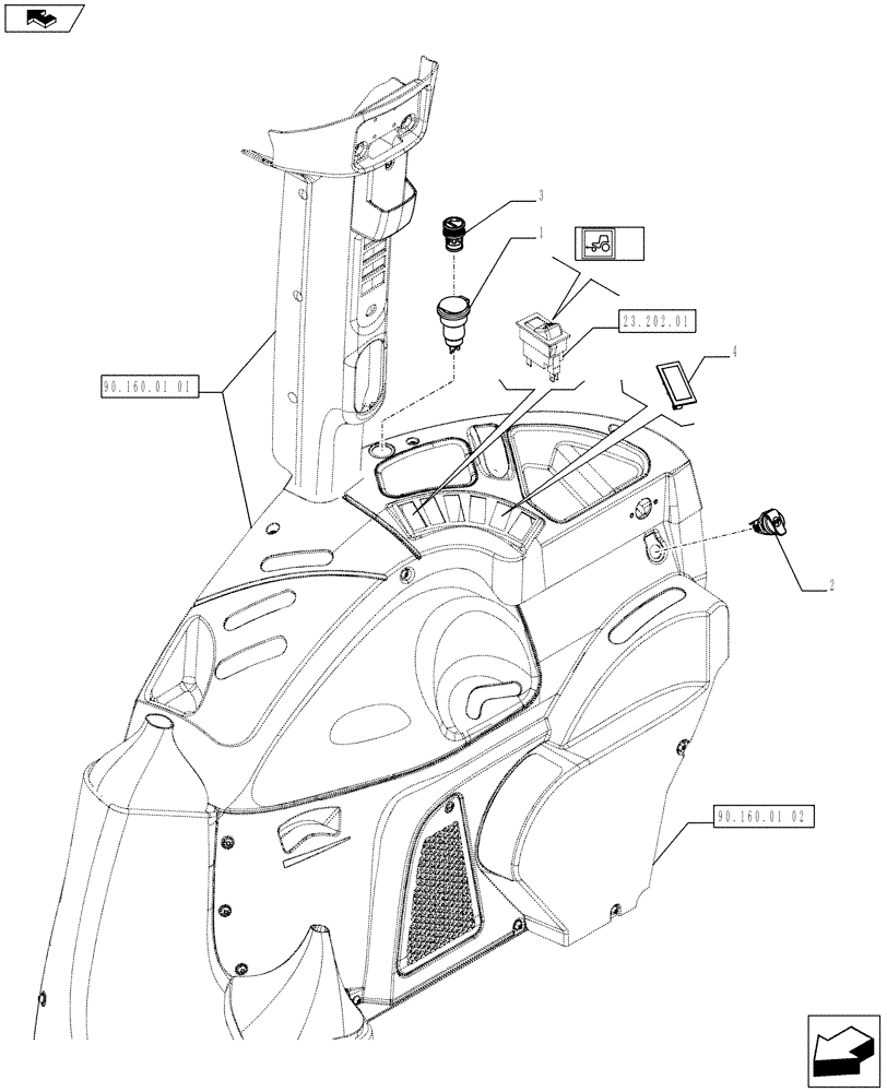 Схема запчастей Case IH FARMALL 75C - (55.512.02) - RIGHT FENDERS CONSOLE - SWITCH AND RELATED PARTS - W/CAB (55) - ELECTRICAL SYSTEMS