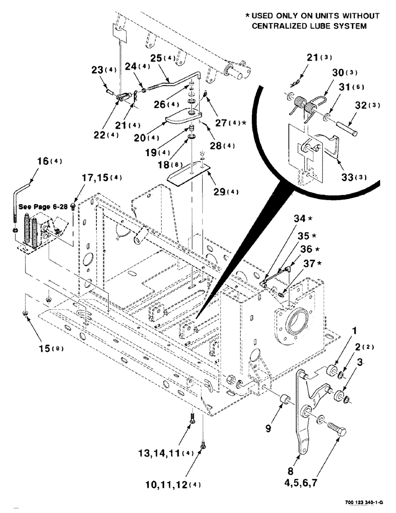 Схема запчастей Case IH 8575 - (6-16) - KNOTTER TWINE FINGER AND HAY DOG ASSEMBLIES (14) - BALE CHAMBER