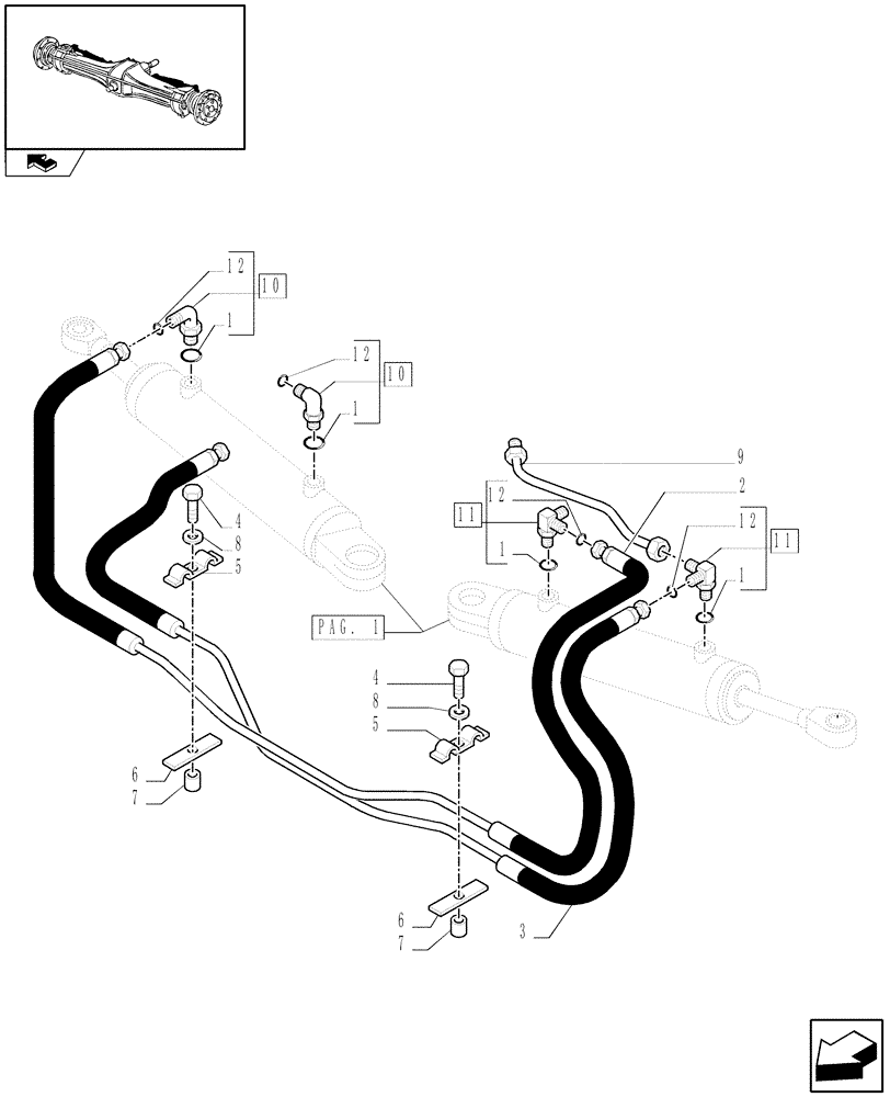 Схема запчастей Case IH PUMA 125 - (1.40. 9/12[02]) - (CL.3) SUSPENDED FRONT AXLE WITH HYDR. DIFF. LOCK, ST. SENSOR AND BRAKES - PIPES (VAR.330427) (04) - FRONT AXLE & STEERING