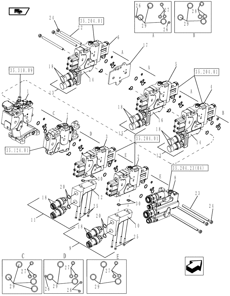 Схема запчастей Case IH MAGNUM 225 - (35.204.25) - REMOTE HYDRAULIC VALVE 5 STACK - BSN ZCRH01492 (35) - HYDRAULIC SYSTEMS