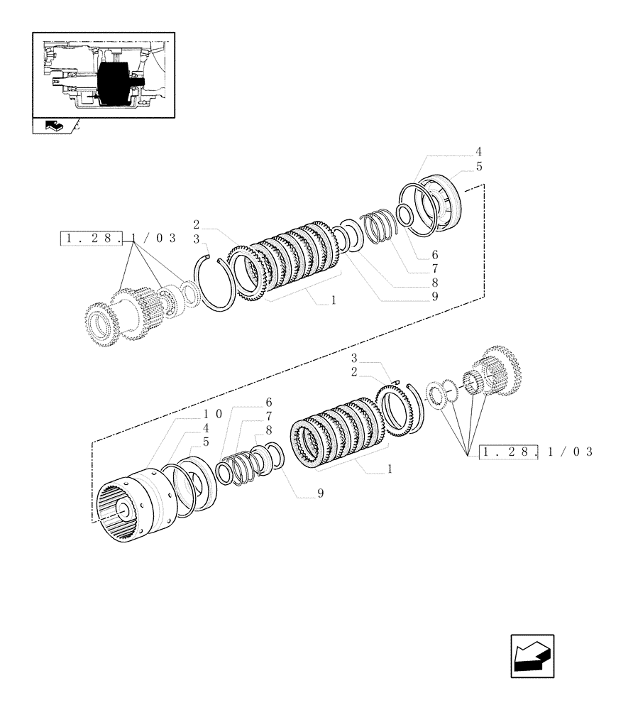 Схема запчастей Case IH FARMALL 105U - (1.27.2) - 24X24 HI-LO POWER SHUTTLE TRANSMISSION - HI-LO CLUTCH (VAR.330279-331279-332279) (03) - TRANSMISSION