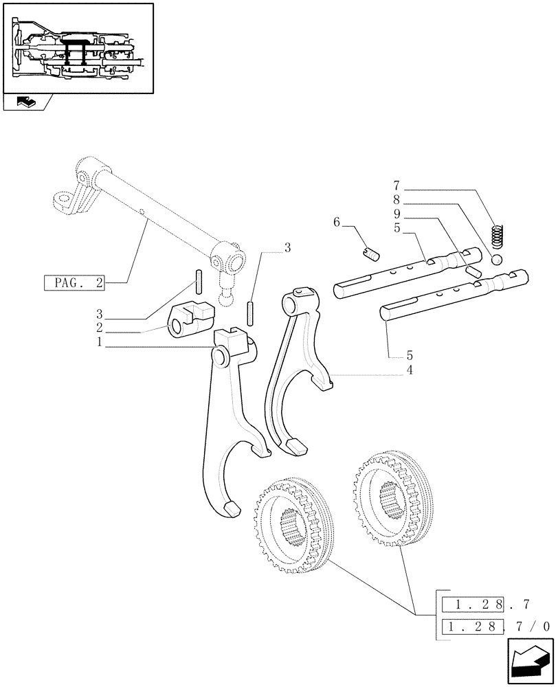 Схема запчастей Case IH FARMALL 105U - (1.29.1/01[01]) - 40KM/H 12X12 FOR HEAVY DUTY REAR TRANSMISSION - SPEED GEARSHIFT MECHANISM - RODS AND FORKS (03) - TRANSMISSION