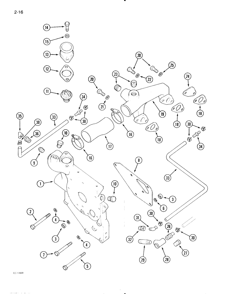 Схема запчастей Case IH 595 - (2-16) - COOLANT SYSTEM, WATER PUMP CARRIER AND COOLANT MANIFOLD (02) - ENGINE