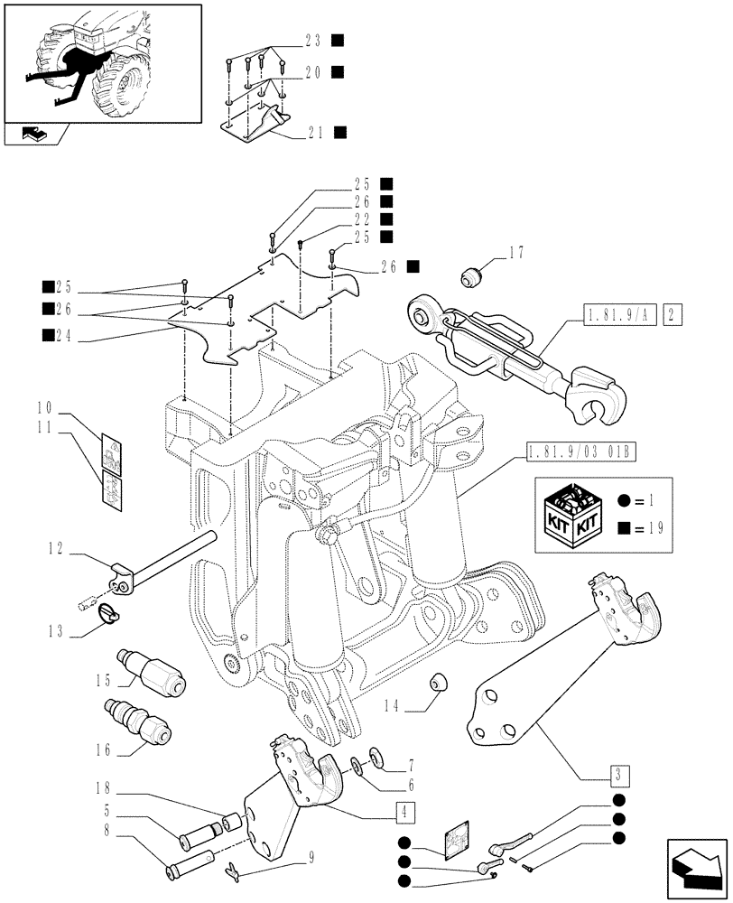 Схема запчастей Case IH PUMA 180 - (1.81.9/03[02A]) - (VAR.090) FRONT HPL FOR MID MOUNT REMOTES LESS PTO, WITH AUX. COUPLERS - LINK AND ARMS - D6726 (07) - HYDRAULIC SYSTEM