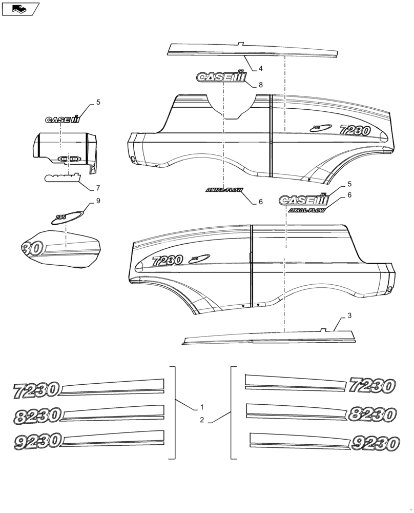 Схема запчастей Case IH 7230 - (90.108.01) - DECALS- MODEL AND BRAND (90) - PLATFORM, CAB, BODYWORK AND DECALS