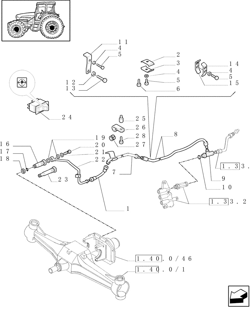 Схема запчастей Case IH JX90U - (1.33.2/14) - (VAR.327-327/1) FRONT DIFFERENTIAL HYDRAULIC LOCKING - PIPES (04) - FRONT AXLE & STEERING