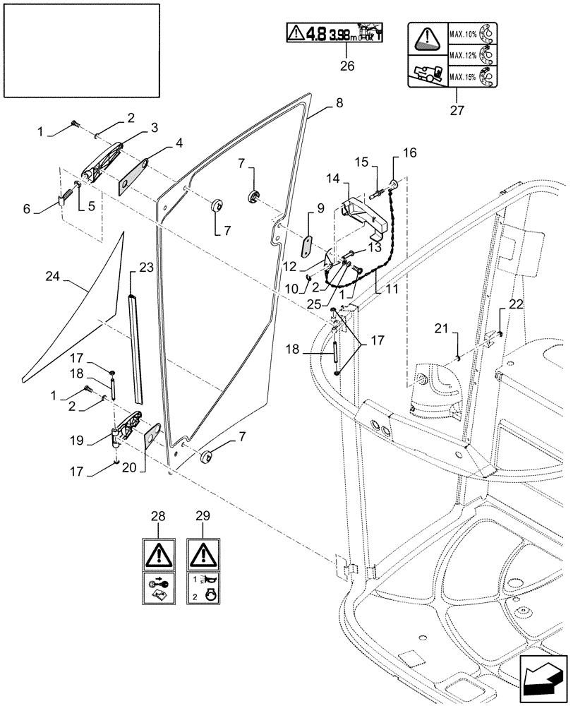 Схема запчастей Case IH 7230 - (90.154.05) - CAB DOOR, R.H. (90) - PLATFORM, CAB, BODYWORK AND DECALS