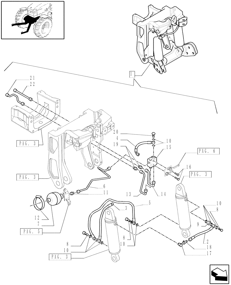 Схема запчастей Case IH PUMA 210 - (1.81.9/03[04]) - (VAR.091) FRONT HPL FOR MID MOUNT REMOTES WITH PTO, WITH AUX. COUPLERS - PIPES - D5721 (07) - HYDRAULIC SYSTEM