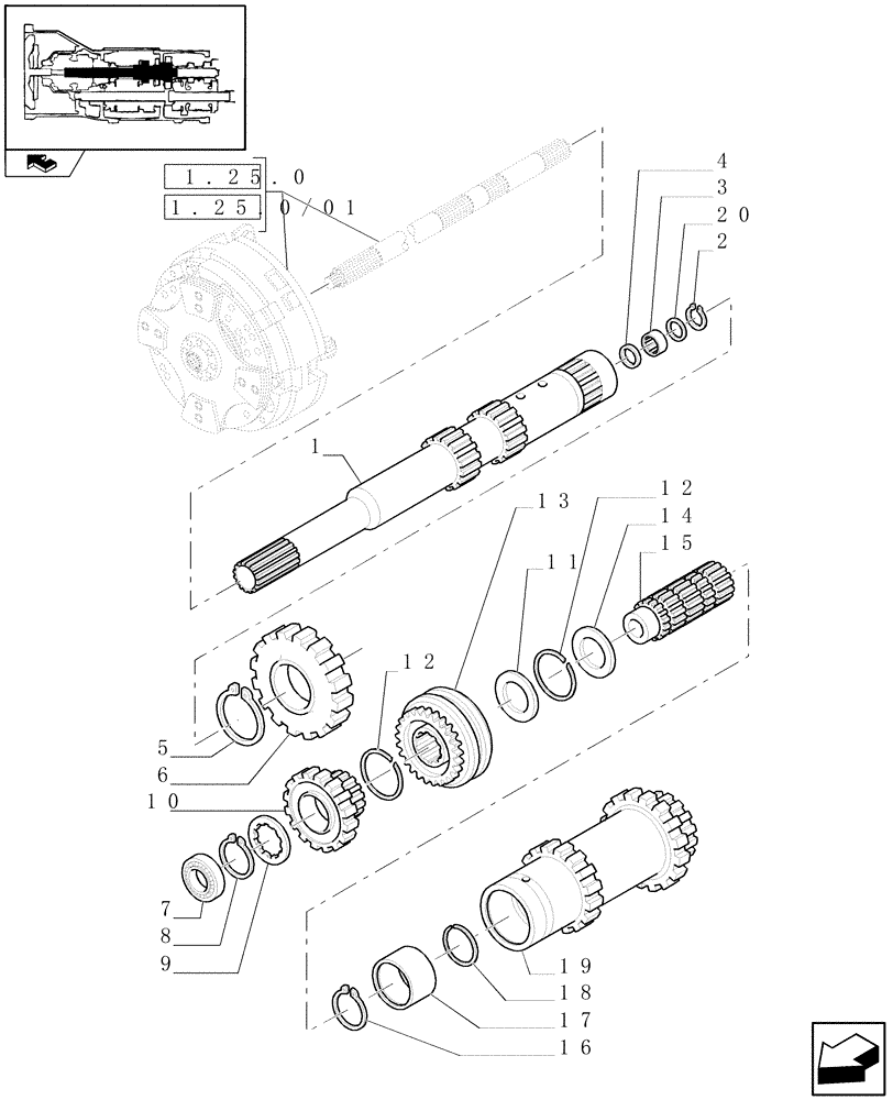 Схема запчастей Case IH FARMALL 105V - (1.28.1/03[01]) - SPLITTER 32X16 - CLUTCH SHAFT, GEARS AND SYNCH (VAR.330118 / 743508) (03) - TRANSMISSION