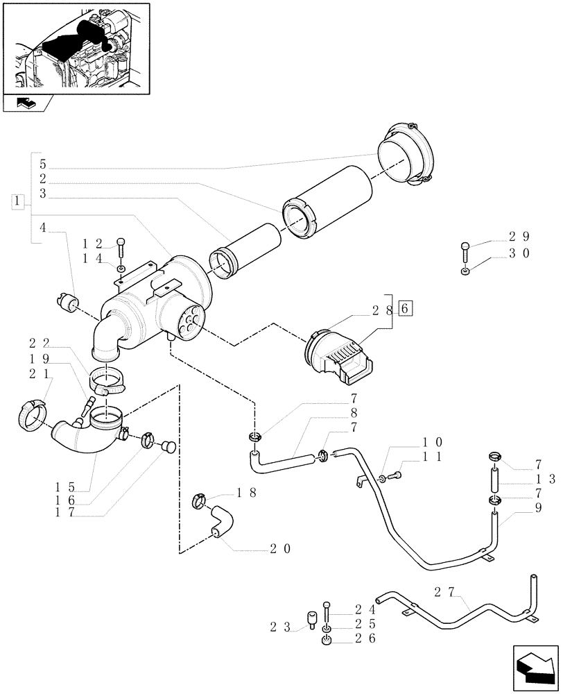 Схема запчастей Case IH MAXXUM 110 - (1.19.1/02) - AIR CLEANER WITH PRE-CLEANER "SPIN TUBE" - DRY AIR FILTER AND PIPES (VAR.330189-331189-332189-333189) (02) - ENGINE EQUIPMENT