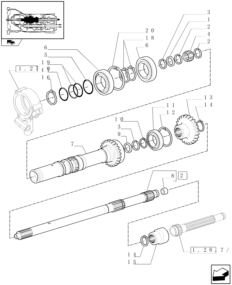 Схема запчастей Case IH FARMALL 105U - (1.28.1/02[01]) - 12X12 POWER SHUTTLE TRANSMISSION - REVERSER MAIN SHAFTS AND GEARS (VAR.330114-331114-332114) (03) - TRANSMISSION