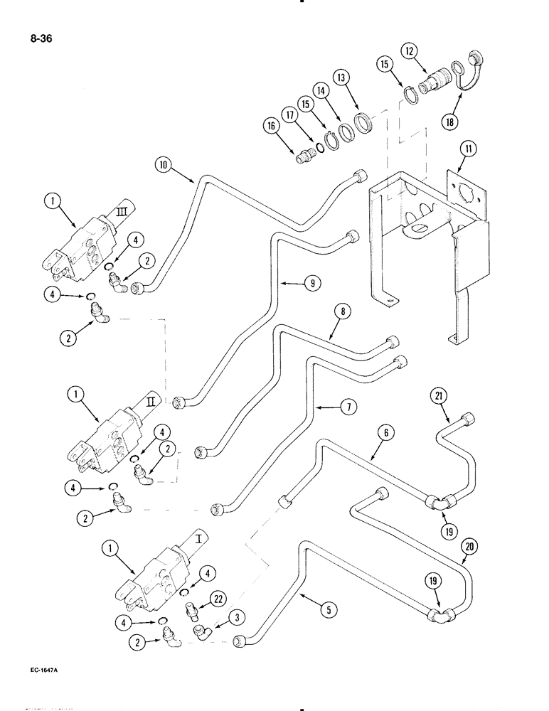 Схема запчастей Case IH 595 - (8-36) - REMOTE AUXILIARY VALVES, FIRST, SECOND AND THIRD BANK TUBES AND COUPLINGS, WITH CAB (08) - HYDRAULICS