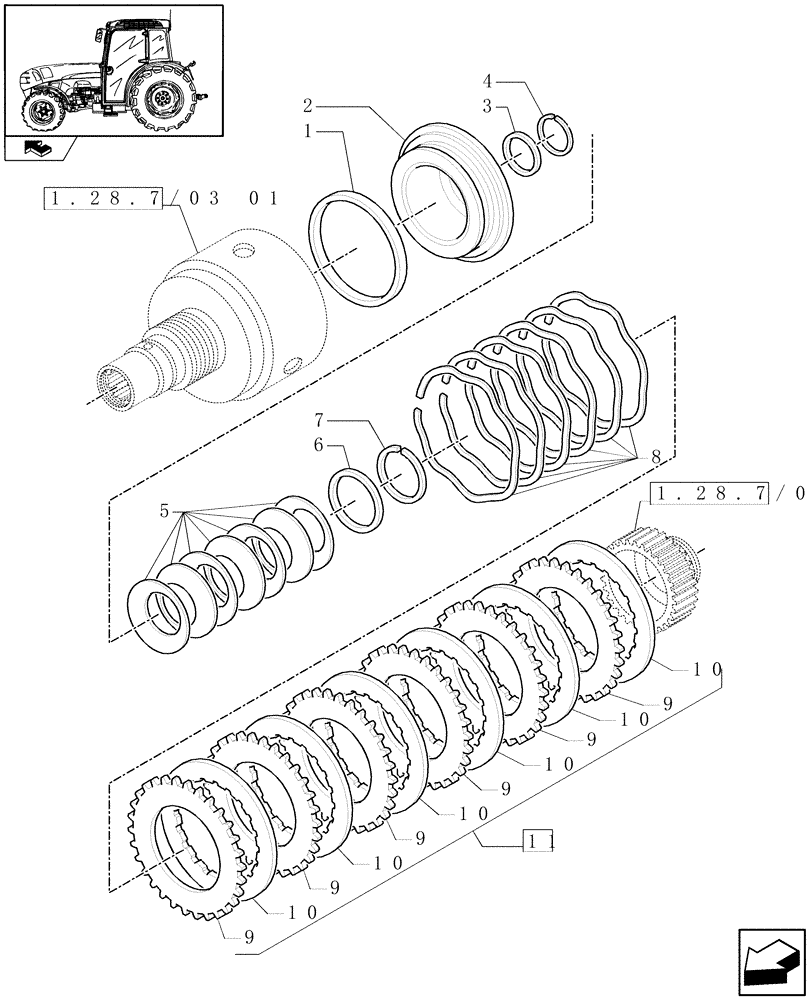 Схема запчастей Case IH FARMALL 75N - (1.28.7/03[02]) - 32X16 HI-LO AND POWER SHUTTLE TRANSMISSION - CLUTCH DISKS (VAR.330275-331275 / 743510; VAR.330273) (03) - TRANSMISSION