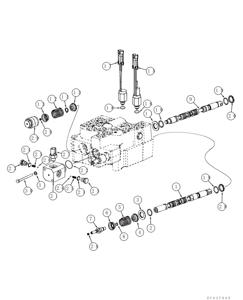 Схема запчастей Case IH 90XT - (08-09B) - VALVE ASSY, CONTROL - SPOOLS AND DETENTS, SELF-LEVELING, DUAL (08) - HYDRAULICS