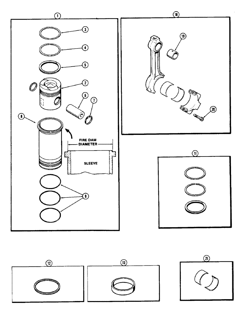 Схема запчастей Case IH 1370 - (043A) - PISTONS AND SLEEVES, WITH 5.092 INCH TO 5.097 INCH FIRE DAM DIAMETER SLEEVE, (504BDT) DIESEL ENGINE (02) - ENGINE