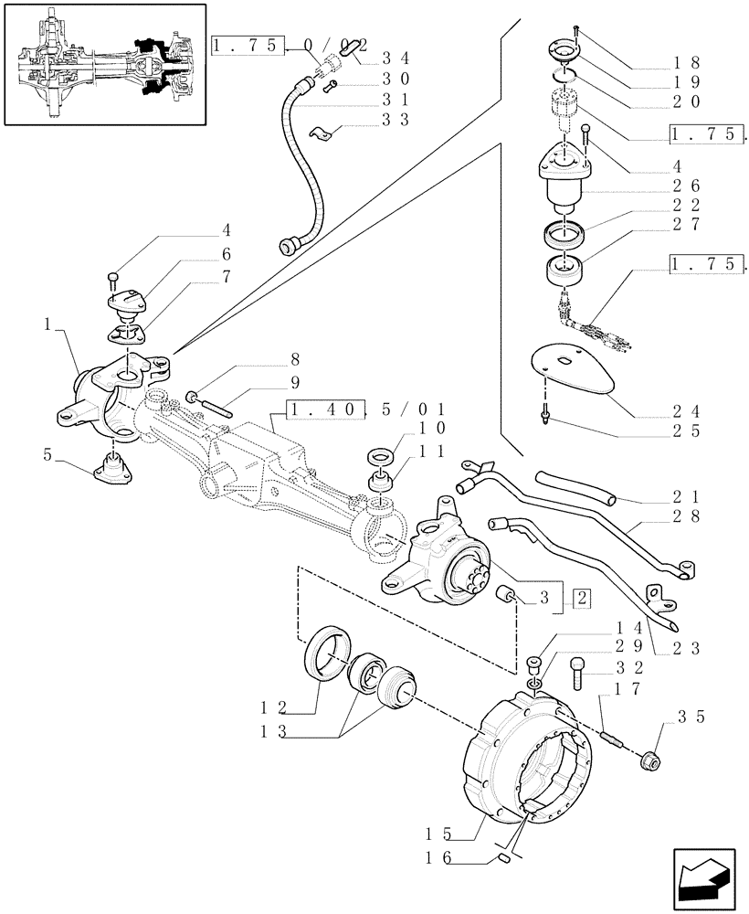 Схема запчастей Case IH MAXXUM 120 - (1.40. 5/02[01]) - (CL.3) SUSPENDED FRONT AXLE W/MULTI-PLATE DIFF. LOCK AND BRAKES - STEERING AXLES AND HUBSS - C6449 (VAR.330427) (04) - FRONT AXLE & STEERING