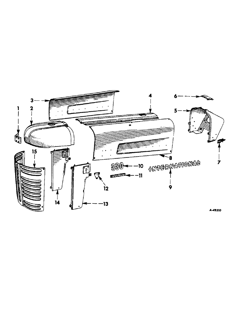 Схема запчастей Case IH 340 - (279) - SHEET METAL, GRILLES, AND FENDERS, HOOD AND RADIATOR GRILLE, INTERNATIONAL 330 Sheet Metal, Grilles & Fenders