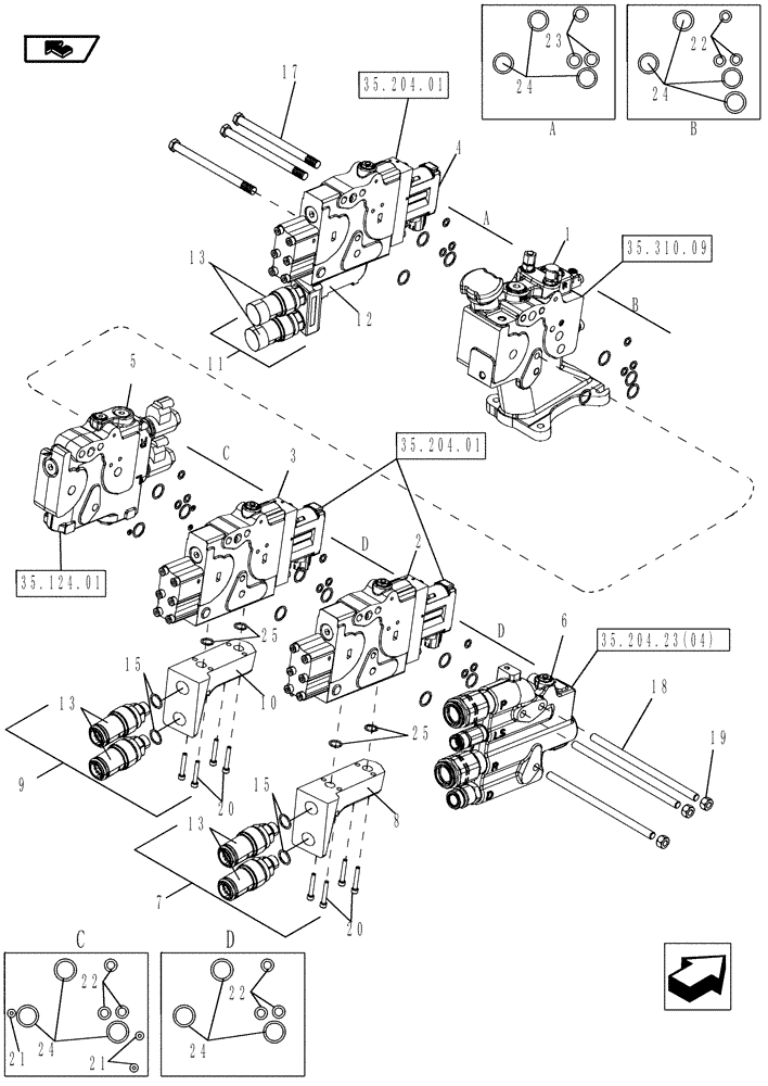 Схема запчастей Case IH MAGNUM 225 - (35.204.23[01]) - REMOTE HYDRAULIC VALVE 3 STACK (35) - HYDRAULIC SYSTEMS